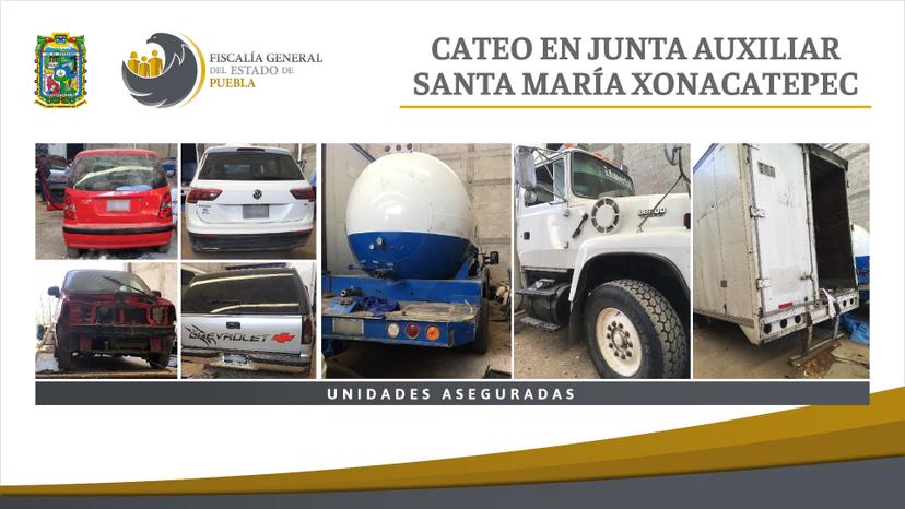 Catan inmueble en Xonacatepec y confiscan autos robados en Puebla capital