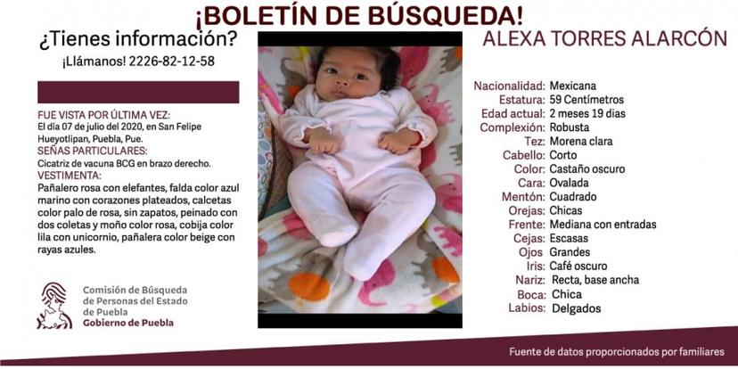 Desaparece bebé de 2 meses en San Felipe Hueyotlipan