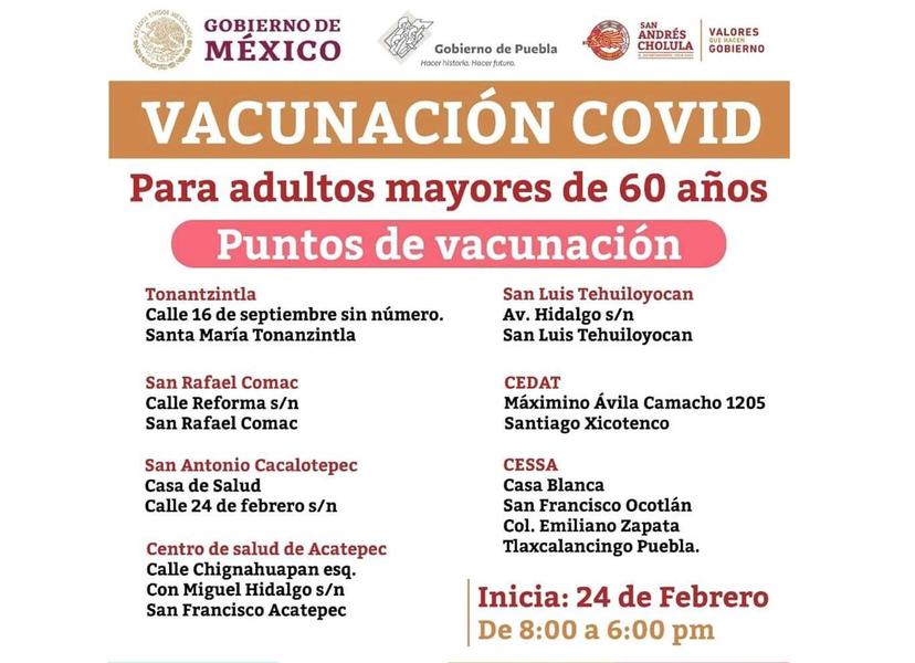 Vacunación antiCovid inicia este miércoles en San Andrés Cholula
