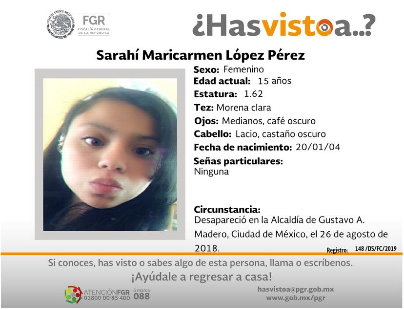 Ayúdanos a localizar a Sarahí Maricarmen López