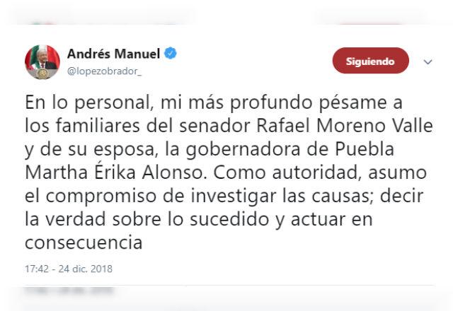 AMLO anuncia investigación por accidente de Martha Erika y RMV