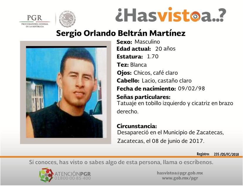 Ayúdanos a localizar a Sergio Orlando Beltrán