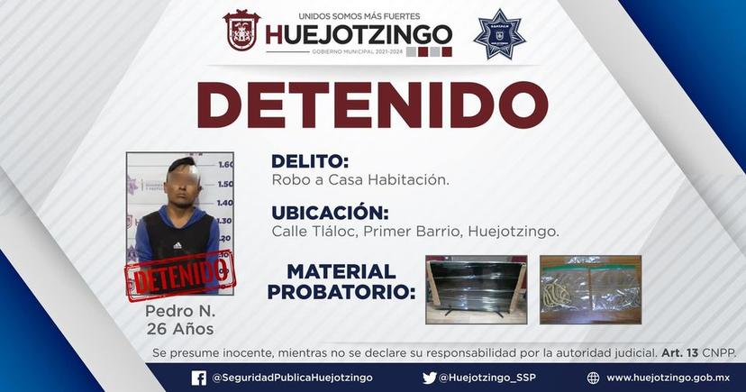 Detienen a Pedro N. en Huejotzingo