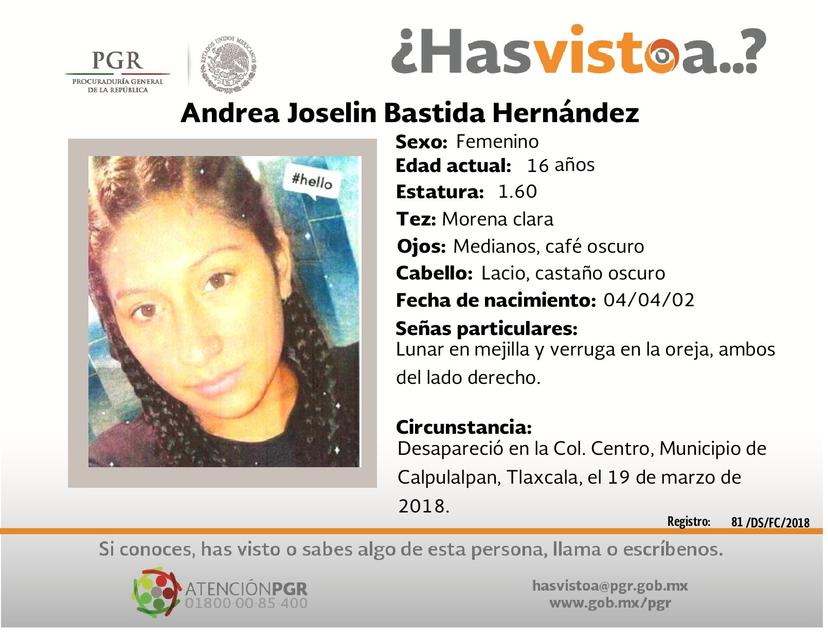 Ayúdanos a localizar a Andrea Joselin Bastina