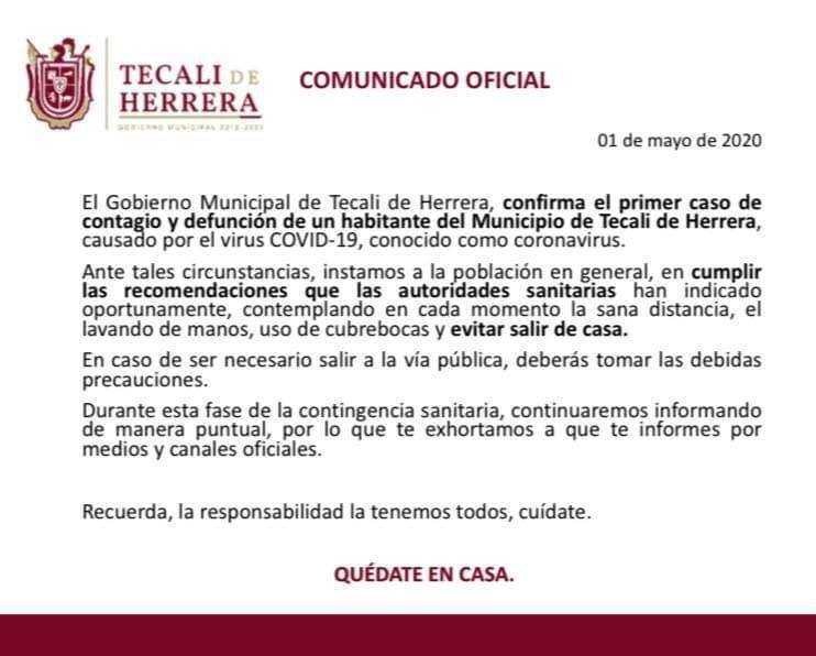 Registra Tecali de Herrera primer caso y defunción por coronavirus