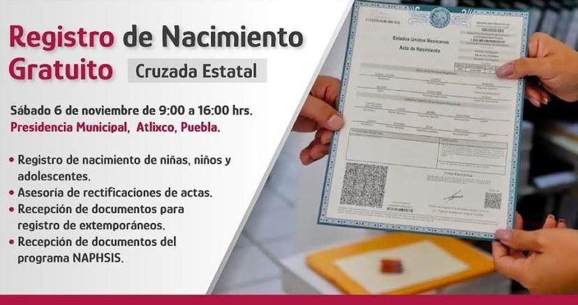 Se llevará a cabo jornada de registro de nacimientos en Atlixco