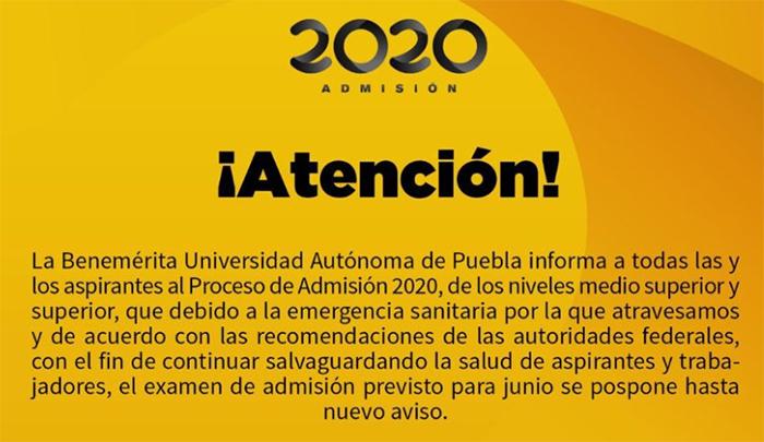 BUAP suspende examen de admisión hasta nuevo aviso