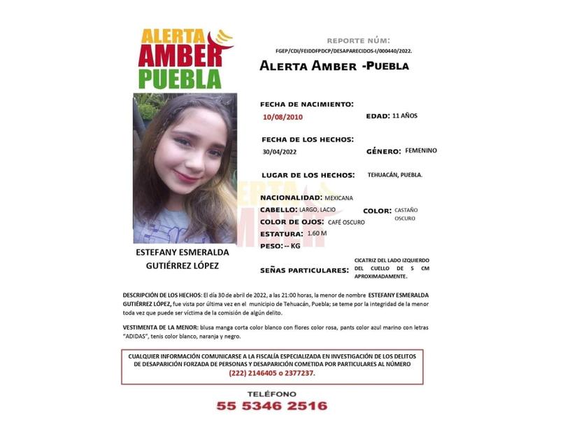 Buscan a niña de 11 años desaparecida el fin de semana en Tehuacán  