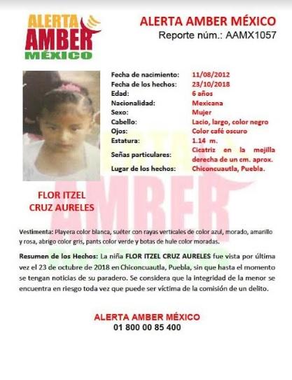 Alerta Amber: Buscan a Flor Itzel de 6 años, es de Chiconcuautla