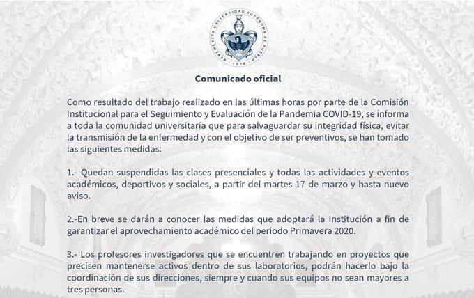 Por COVID-19 BUAP suspende eventos y clases; solo administrativos laborarán