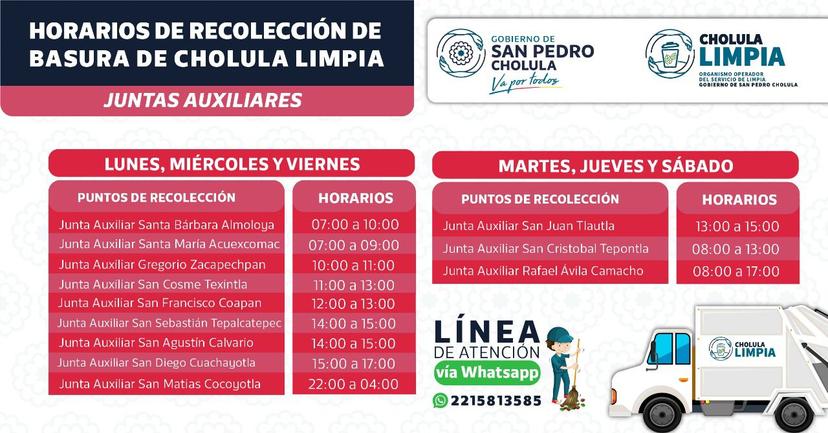 Conoce los horarios de recolección de basura en San Pedro Cholula