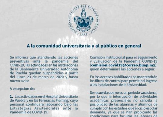 BUAP suspende actividades de forma indefinida en todas las instalaciones