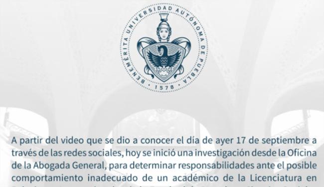 BUAP inicia investigación contra maestro por comportamiento inadecuado en clases