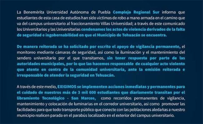 Responsabiliza comunidad BUAP a ayuntamiento por inseguridad en Tehuacán