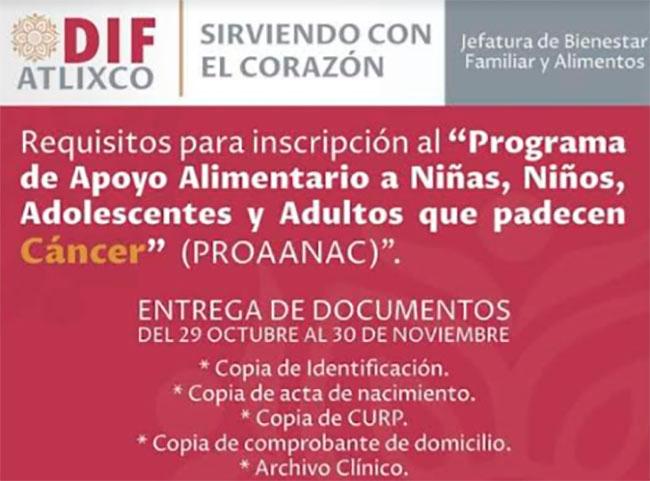 DIF Atlixco apoyará a enfermos con cáncer con despensas  