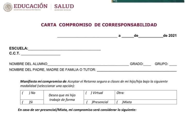 Esta es la carta compromiso para regreso a clases el 30 de agosto