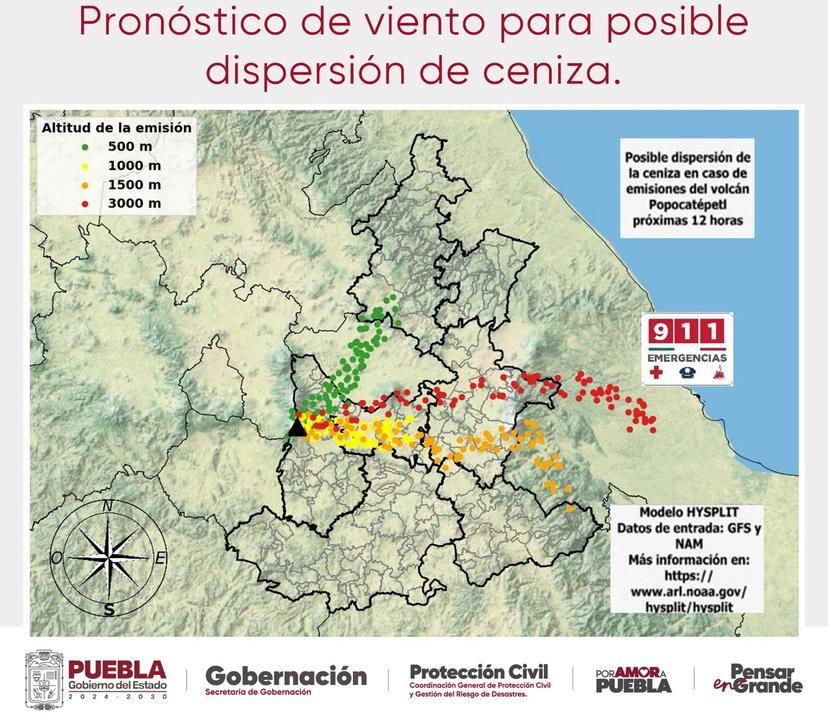 Se prevé posible caída de ceniza del Popocatépetl hacia las zonas noreste y este