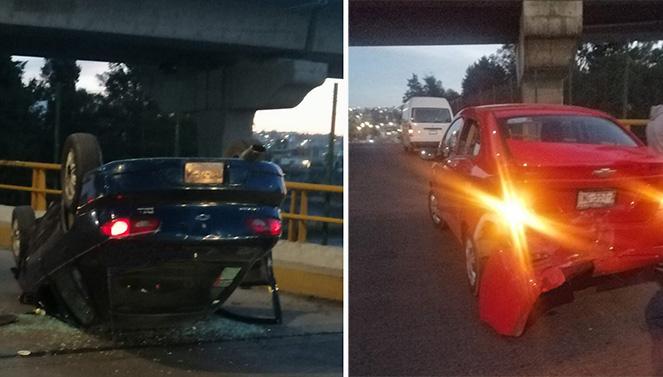 Choque y volcadura en puente La María en Puebla