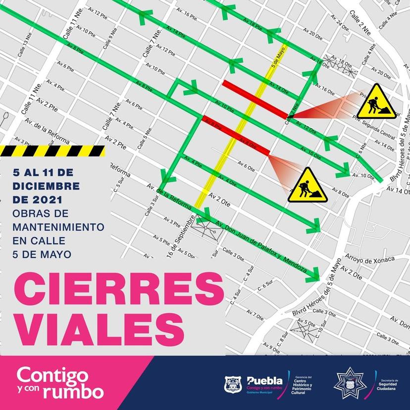 Anuncia ayuntamiento de Puebla cierre de calles para trabajos en el centro