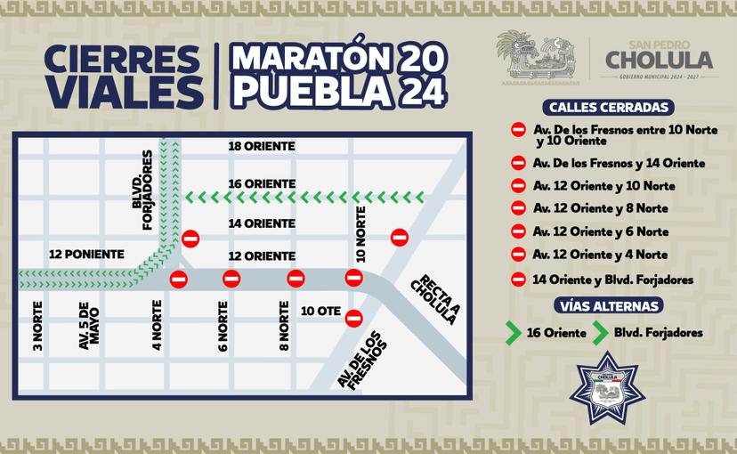 Cierres viales en San Pedro Cholula por Maratón Puebla 2024