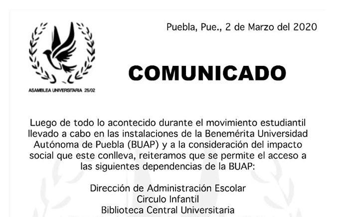 Asamblea Universitaria reitera que hay acceso a instalaciones de la BUAP