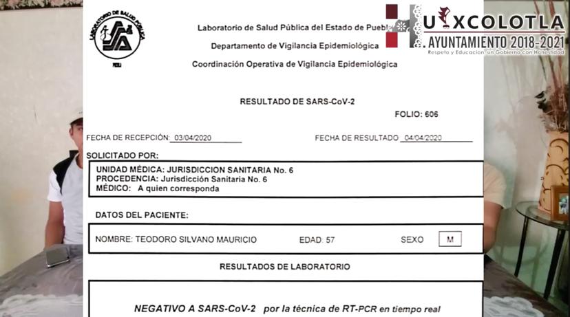 Edil de Huixcolotla presenta pruebas negativas de coronavirus de él y su familia