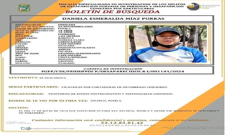 Sigue búsqueda de Daniela, desaparecida en Atlixco