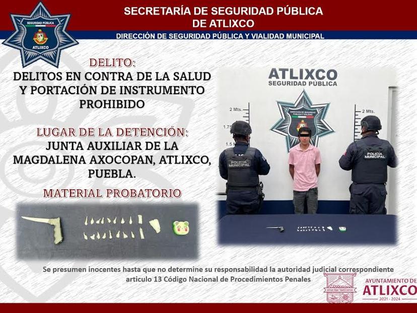 Atlixco detiene a masculino por delitos contra la salud