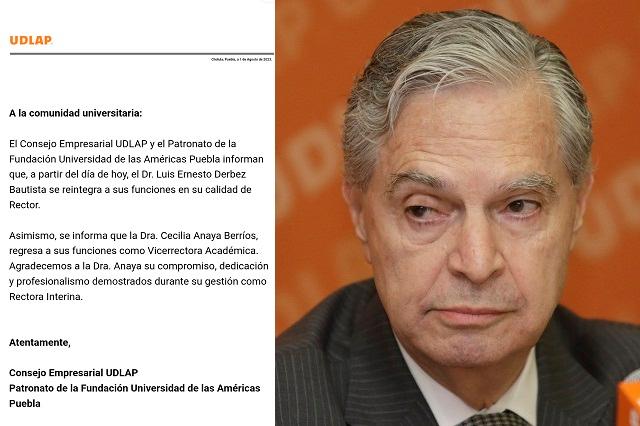 Tras persecución, regresa Derbez Bautista como rector de la UDLAP