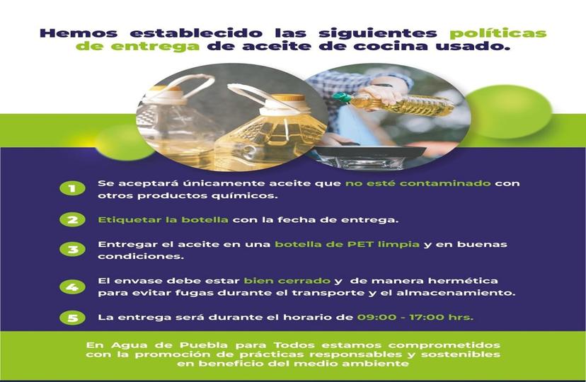 Mantiene Agua de Puebla campaña de acopio de aceite comestible usado