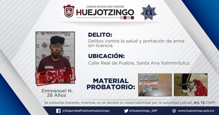 Detienen a Emmanuel con cristal y marihuana en Huejotzingo