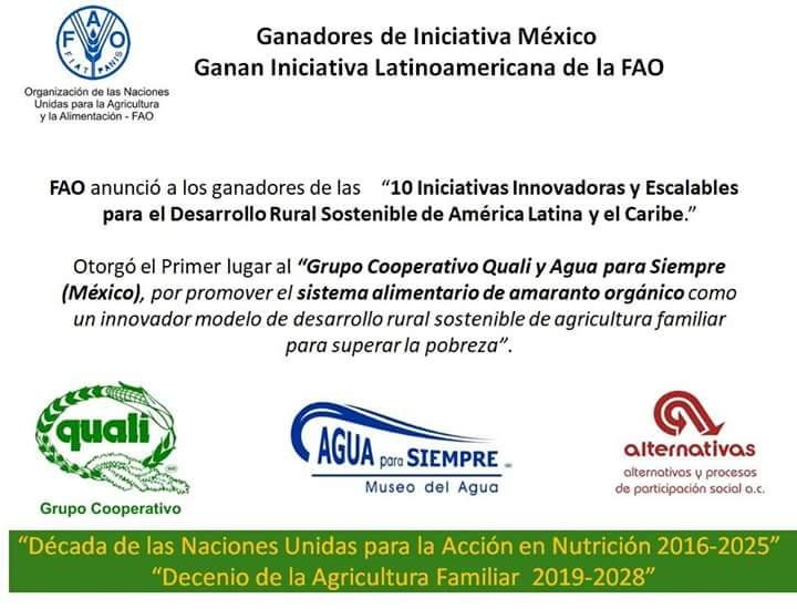 Gana Agua para Siempre 1er lugar en proyectos de la FAO