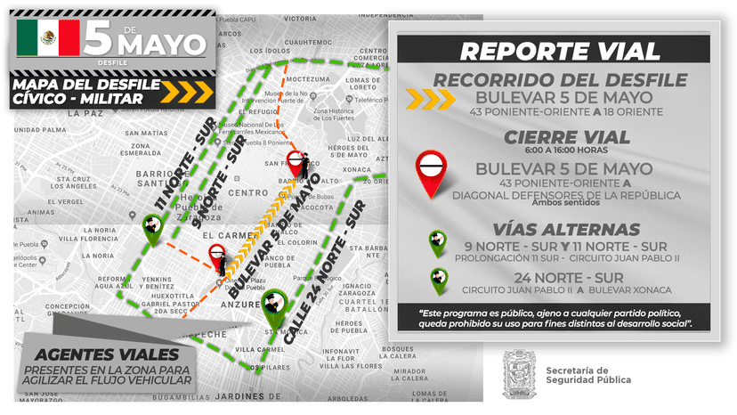 Anuncia SSP dispositivo vial para el desfile del 5 de Mayo