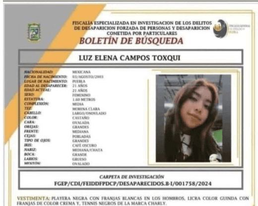 Buscan a Luz Elena de 18 años, desaparecida en San Pedro Cholula