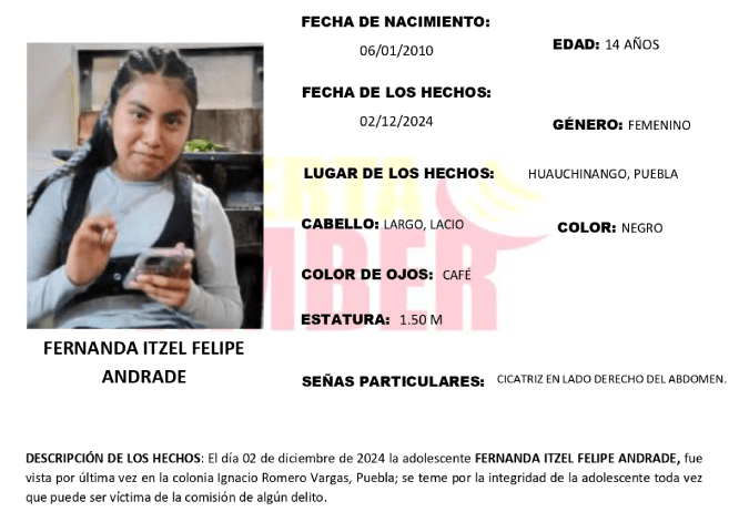 Activan Alerta Amber en Huauchinango: buscan a Fernanda Itzel 