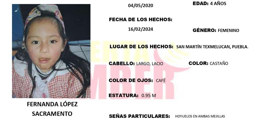 Activan Alerta Amber por Fernanda de 4 años; desapareció en Texmelucan