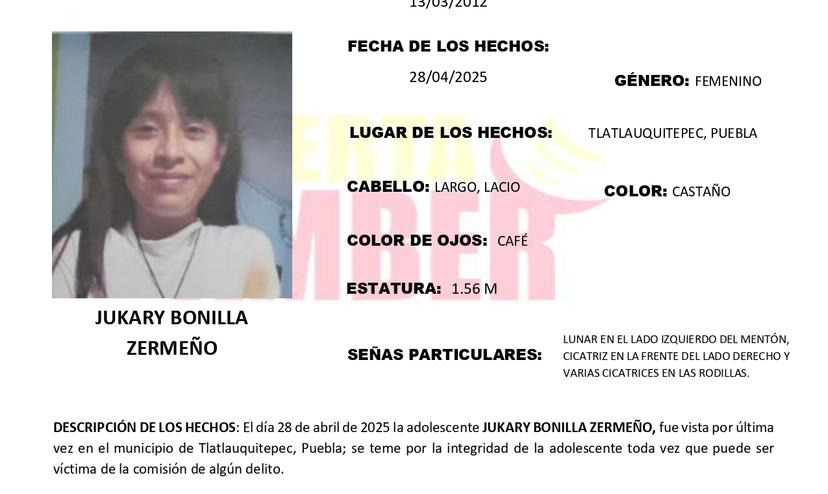 Activan Alerta Amber en Tlatlauquitepec por desaparición de Jukary de 13 años