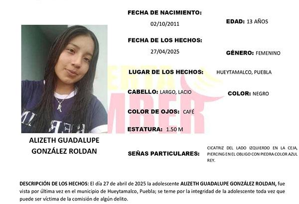 Activan Alerta Amber por desaparición de Alizeth en Hueytamalco