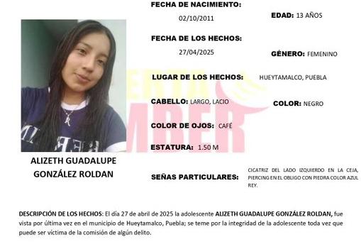 Activan Alerta Amber por desaparición de Alizeth Guadalupe en Hueytamalco