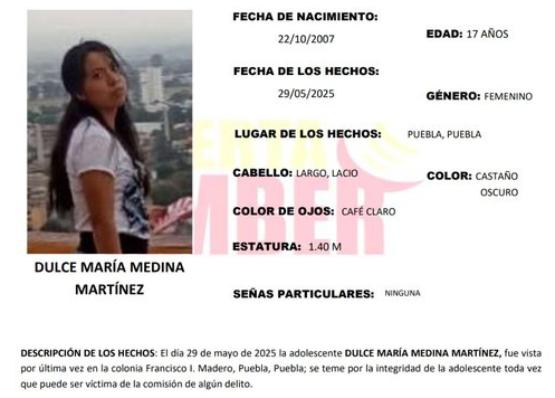 Activan Alerta Amber en Puebla por la desaparición de Dulce María
