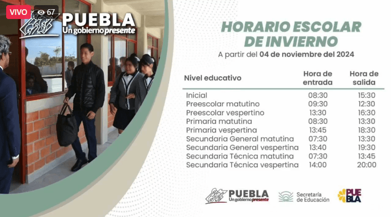 El 4 de noviembre inicia horario de invierno en escuelas de Puebla