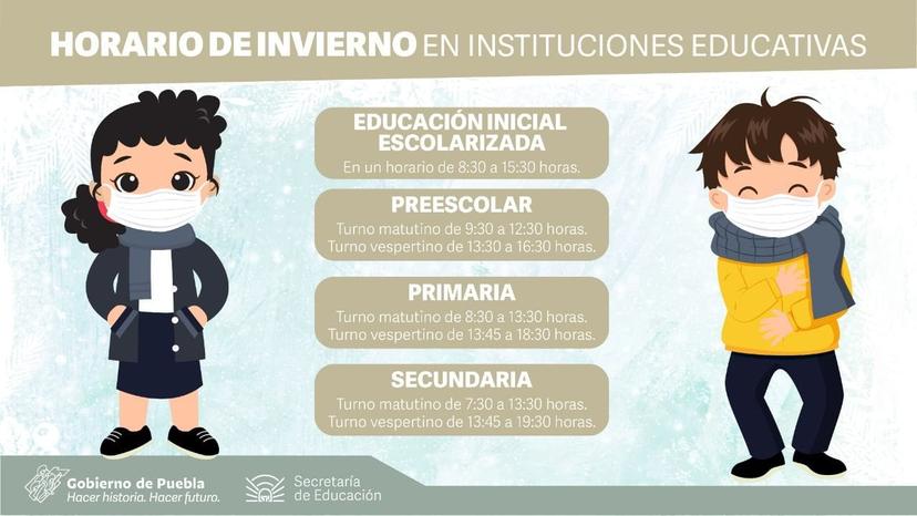 Inicia horario de invierno en escuelas de educación obligatoria en Puebla