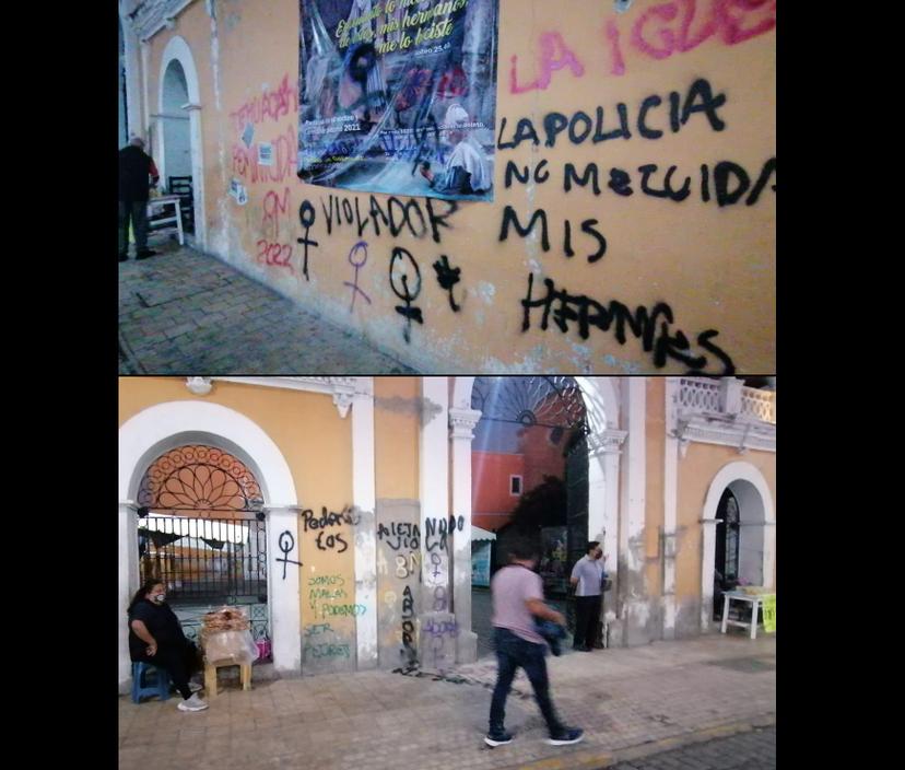 Vandalizan iglesia de San Francisco durante marcha feminista en Tehuacán