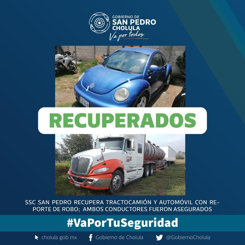 SSC de San Pedro Cholula recupera tractocamión y automóvil con reporte de robo