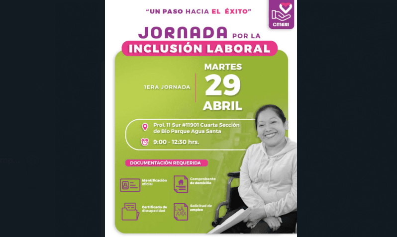Invita SMDIF a la Primera Jornada por la inclusión laboral en CMERI