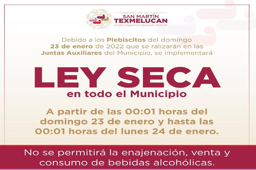 Con motivo de los plebiscitos habrá ley seca en Texmelucan