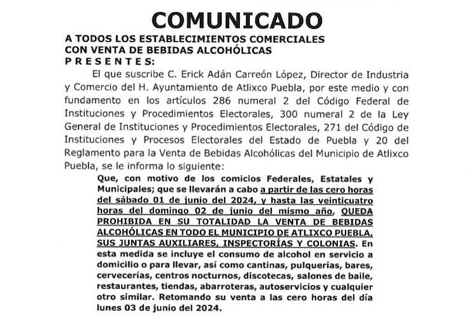 Confirman en Atlixco ley seca para sábado y domingo por elección