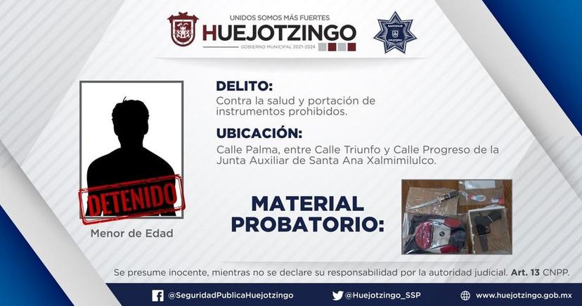 Detienen a menor de edad con metanfetaminas en Huejotzingo