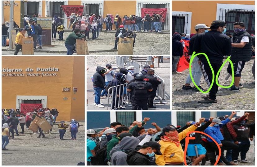 Grupo de choque apoya manifestación de normalistas en Casa Aguayo