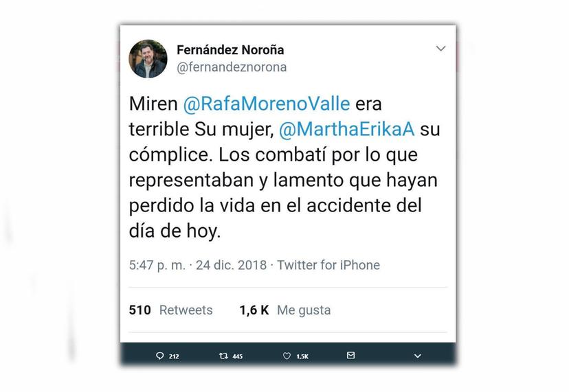 Critican a Noroña por tuit contra Moreno Valle